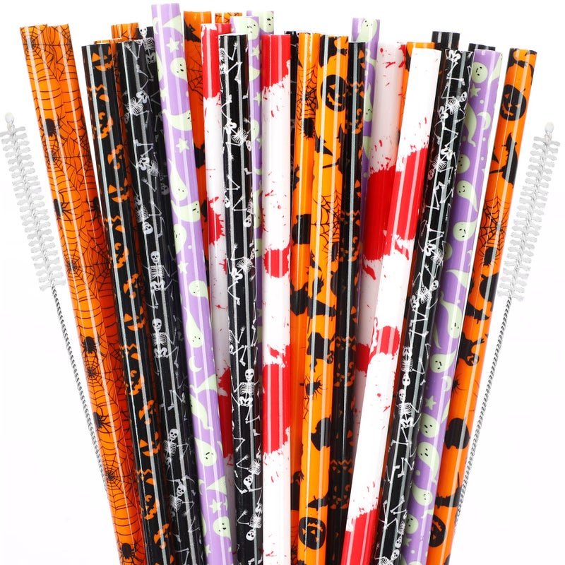 JANYUN JANYUN 30 Pcs Halloween Reusable Straws 9inch Pumpkin Bat Skeleton Spider Printing Hard Plastic Drinking Straw for Mason Jar Tumbler Family Party Favors Cleaning Brush - Image 1