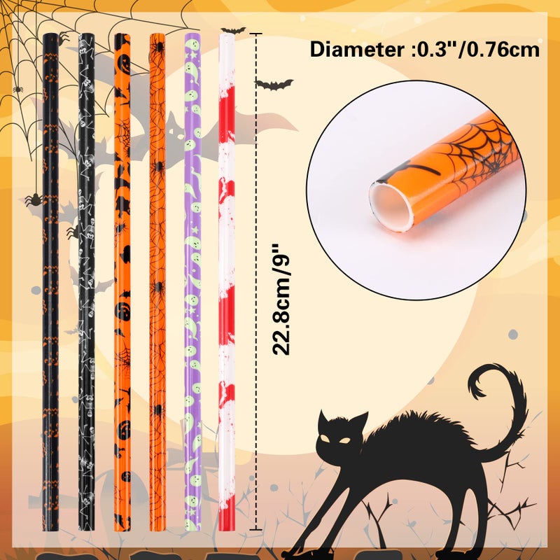 JANYUN JANYUN 30 Pcs Halloween Reusable Straws 9inch Pumpkin Bat Skeleton Spider Printing Hard Plastic Drinking Straw for Mason Jar Tumbler Family Party Favors Cleaning Brush - Image 2
