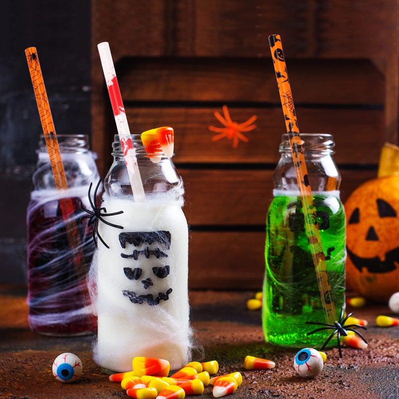 JANYUN JANYUN 30 Pcs Halloween Reusable Straws 9inch Pumpkin Bat Skeleton Spider Printing Hard Plastic Drinking Straw for Mason Jar Tumbler Family Party Favors Cleaning Brush - Image 5