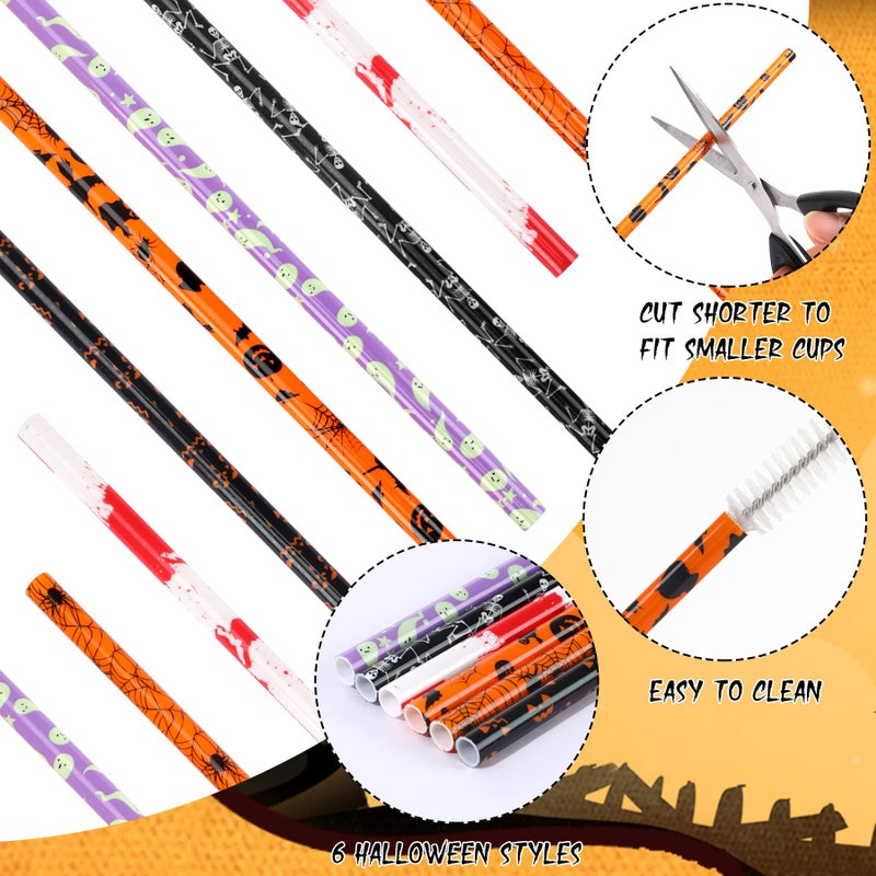 JANYUN JANYUN 30 Pcs Halloween Reusable Straws 9inch Pumpkin Bat Skeleton Spider Printing Hard Plastic Drinking Straw for Mason Jar Tumbler Family Party Favors Cleaning Brush - Image 3