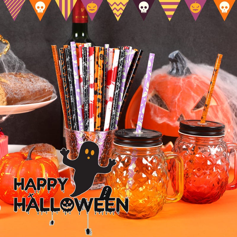 JANYUN JANYUN 30 Pcs Halloween Reusable Straws 9inch Pumpkin Bat Skeleton Spider Printing Hard Plastic Drinking Straw for Mason Jar Tumbler Family Party Favors Cleaning Brush - Image 4