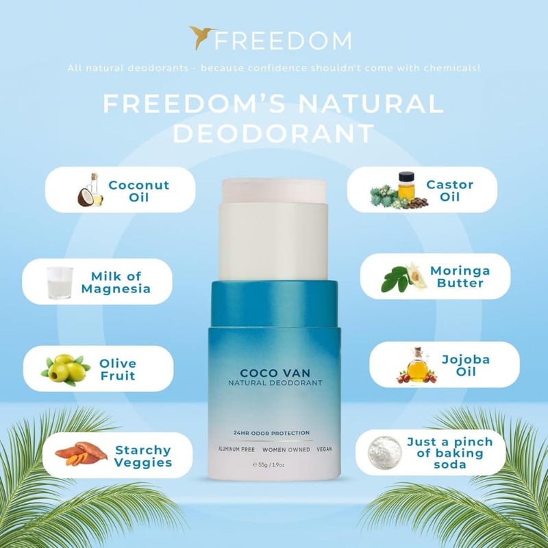 Freedom مزيل عرق حر طبيعي 100% وخالي من الألمنيوم للنساء مع حماية من الروائح لمدة 24 ساعة في عبوة صديقة للبيئة - مصنوع من زيوت عطرية عضوية - كوكو فانيلا 1.9 أونصة - Image 4