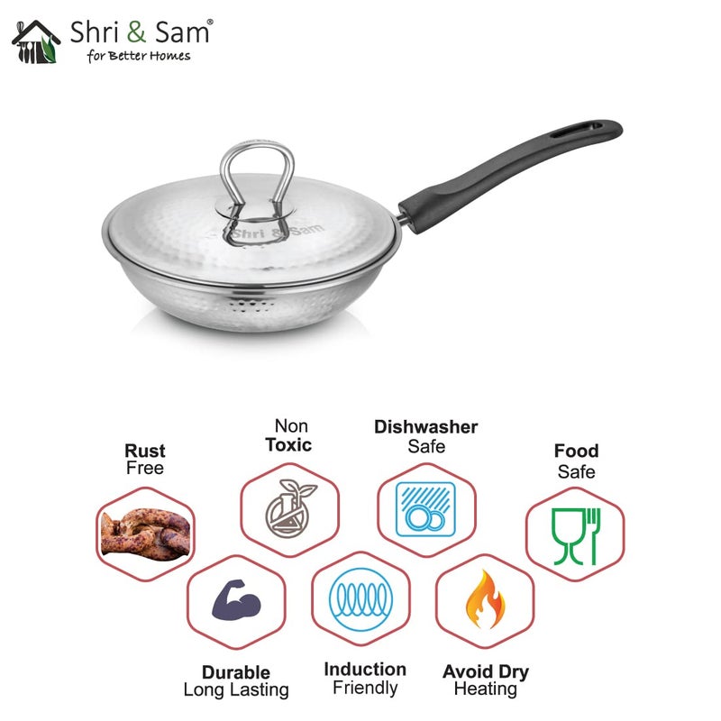 Shri & Sam Shri Sam Stainless Steel Hammered Heavy Weight Fry Pan with lid 25 MM 20 CM  - Image 5