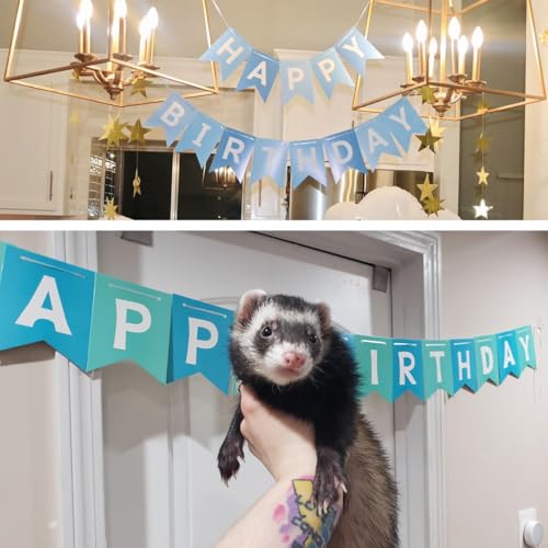 Blukey Happy Birthday Banner With Shiny Gold Letters, Swallowtail Design Hanging Signs Party Decorations (Tri-Color Blue) - Image 4