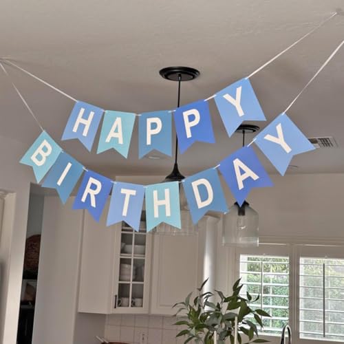 Blukey Happy Birthday Banner With Shiny Gold Letters, Swallowtail Design Hanging Signs Party Decorations (Tri-Color Blue) - Image 2
