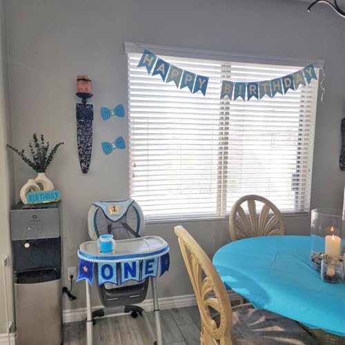 Blukey Happy Birthday Banner With Shiny Gold Letters, Swallowtail Design Hanging Signs Party Decorations (Tri-Color Blue) - Image 3