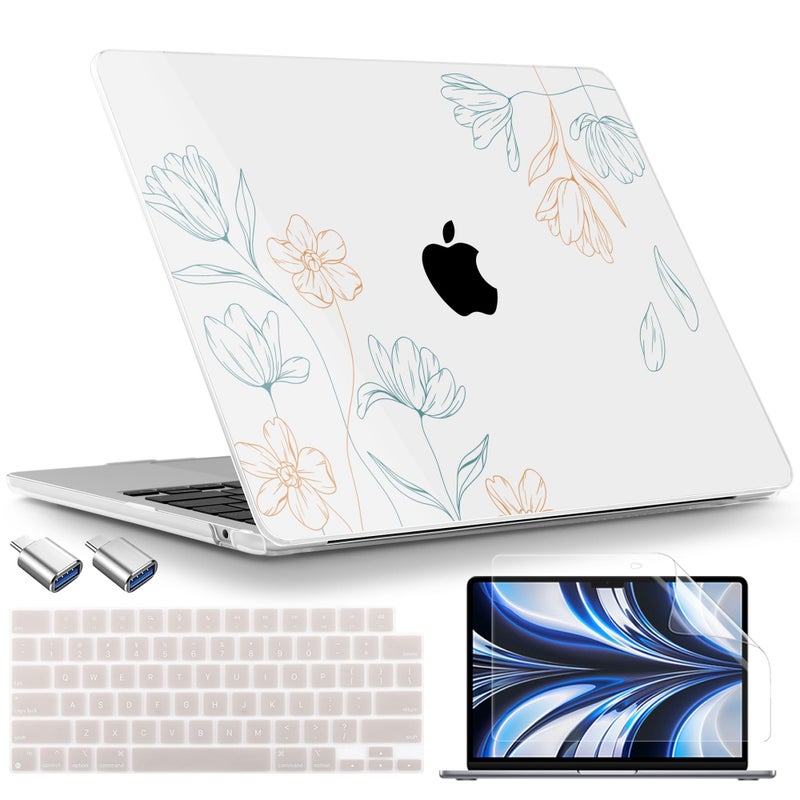 TWOLSKOO for MacBook Air 13 inch Case M4 A3240 M3 A3113 M2 A2681 2025 2024 2022 Plastic Hard Shell, Keyboard Cover, Type C Adapter, Screen Protector for MacBook Air 13.6 inch, Engraved Floral - Image 1