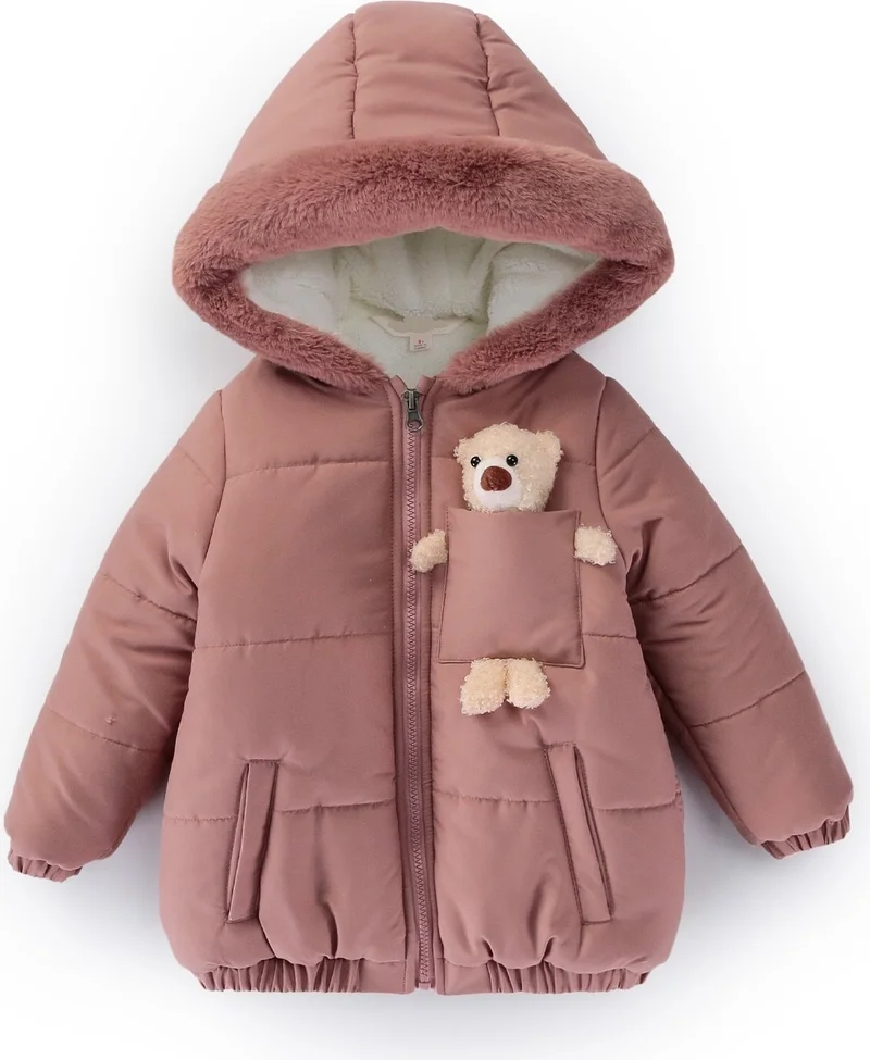 Podium Giyim Podium Clothing Trend Cute Baby Teddy Bear Furry Soft Fabric Pocketed Hooded Winter Coat-Jacket