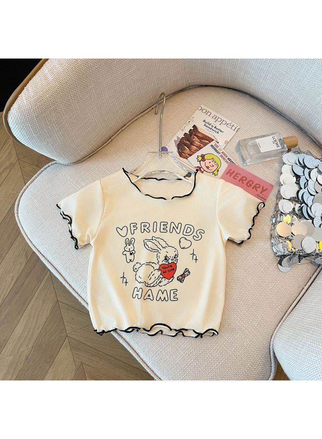 Girls' Short-sleeve T-shirt Summer New Solid Color Versatile Ruffle Edge Top Cute Printed T-shirt For Baby Girls Trendy