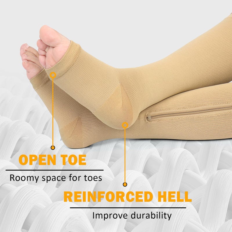 CASMON 2 Pairs Zipper Compression Socks for Women & Men, 15-20 mmHg Open Toe Knee High Support Socks for Varicose Vein Edema - Image 5