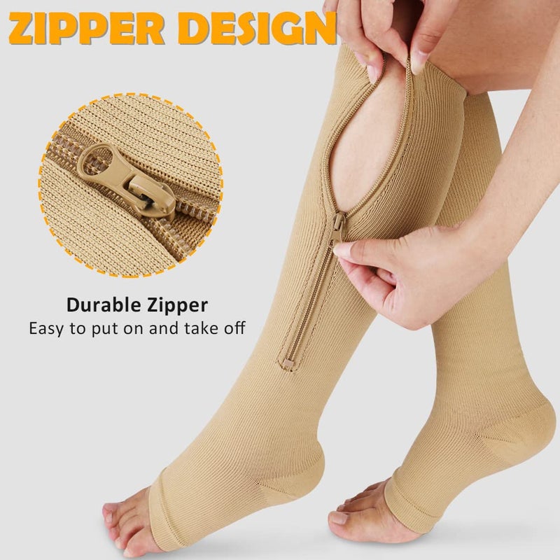 CASMON 2 Pairs Zipper Compression Socks for Women & Men, 15-20 mmHg Open Toe Knee High Support Socks for Varicose Vein Edema - Image 3