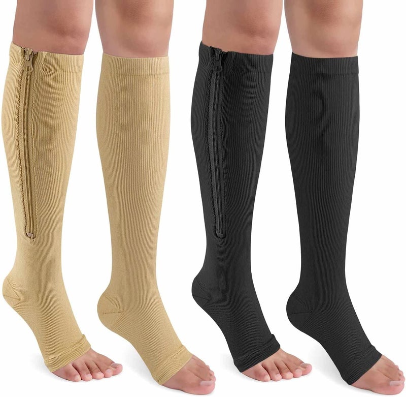 CASMON 2 Pairs Zipper Compression Socks for Women & Men, 15-20 mmHg Open Toe Knee High Support Socks for Varicose Vein Edema - Image 1