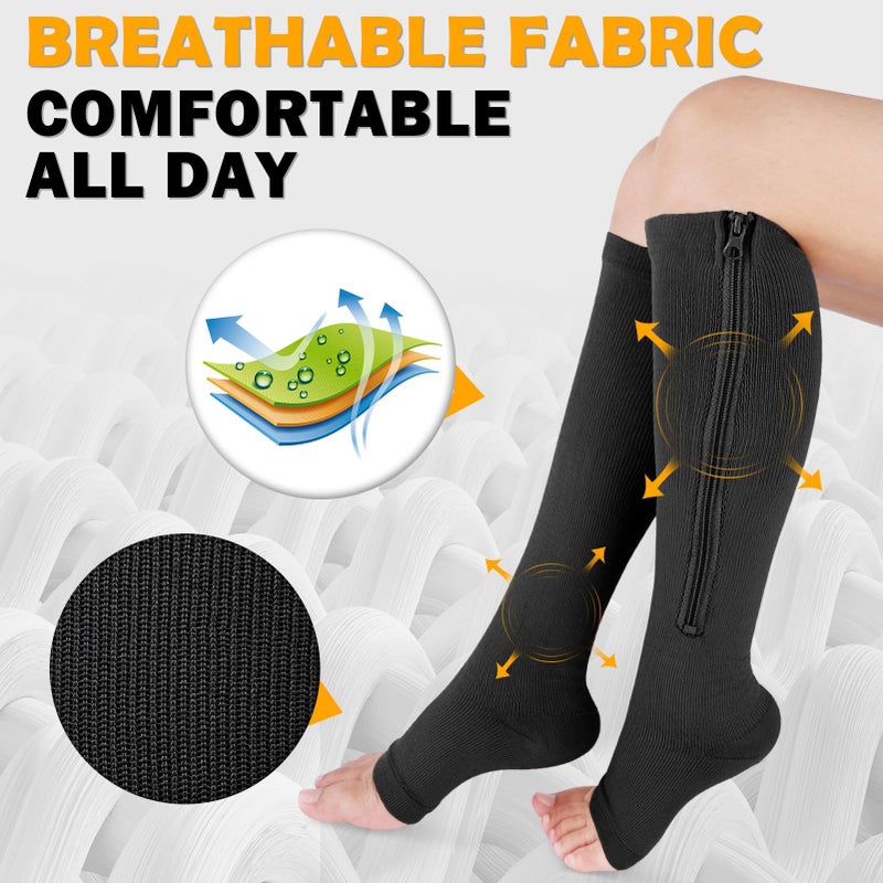 CASMON 2 Pairs Zipper Compression Socks for Women & Men, 15-20 mmHg Open Toe Knee High Support Socks for Varicose Vein Edema - Image 4