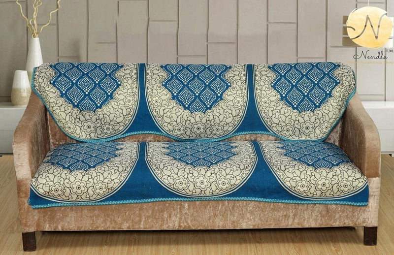Nendle Luxurious Cotton Abstract Design 5 Seater Sofa Cover Set- 6 Pieces (Sky Blue) - Image 2