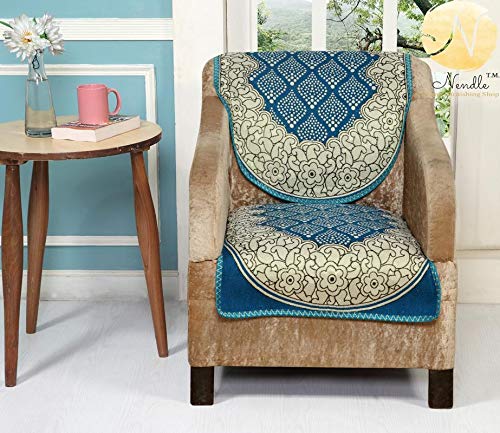 Nendle Luxurious Cotton Abstract Design 5 Seater Sofa Cover Set- 6 Pieces (Sky Blue) - Image 3