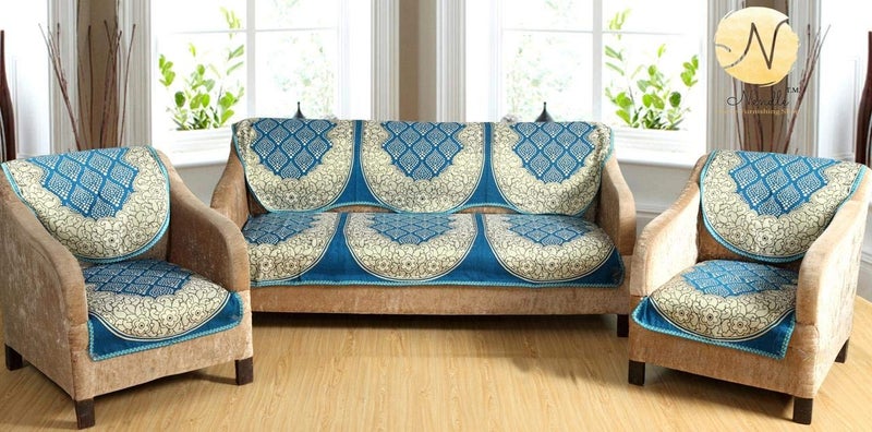 Nendle Luxurious Cotton Abstract Design 5 Seater Sofa Cover Set- 6 Pieces (Sky Blue) - Image 5