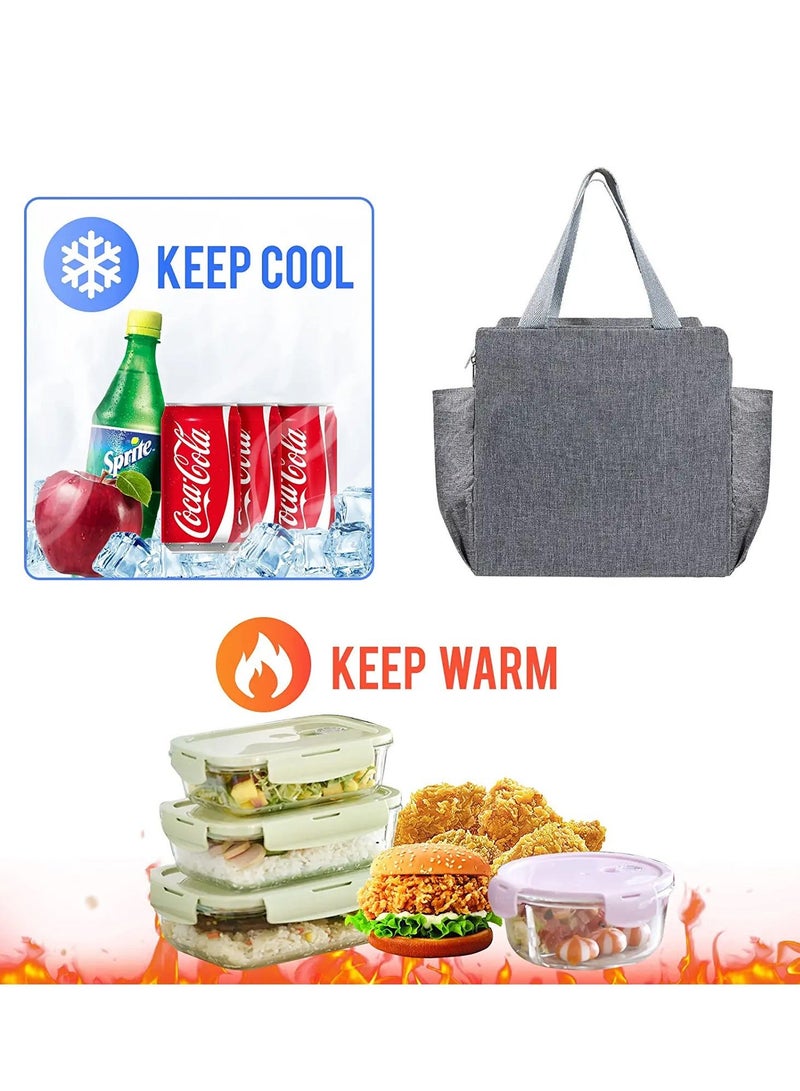 Insulated Lunch Bag with Dual Side Pockets, Thermal Tote Box for Women Men and childern 9.8" х Size Lightweight Work Picnic School Office Grey  - Image 2