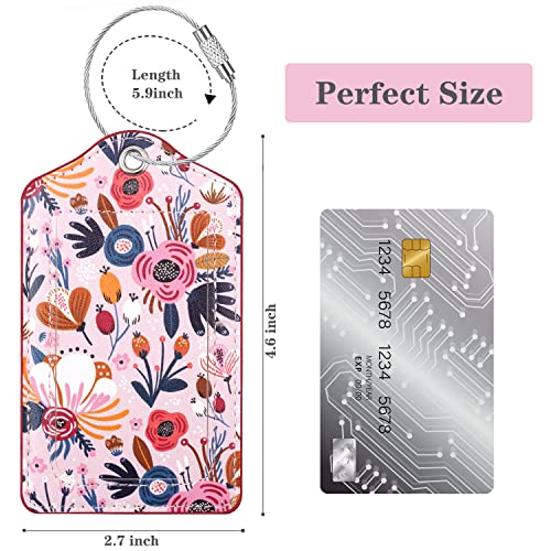 Coco Rossi (Set of 2) Luggage Tag Leather Privacy Cover ID Label Address Card with Stainless Steel Loop, Travel Bag Tags Suitcase Labels, Pink Flowers - Image 2
