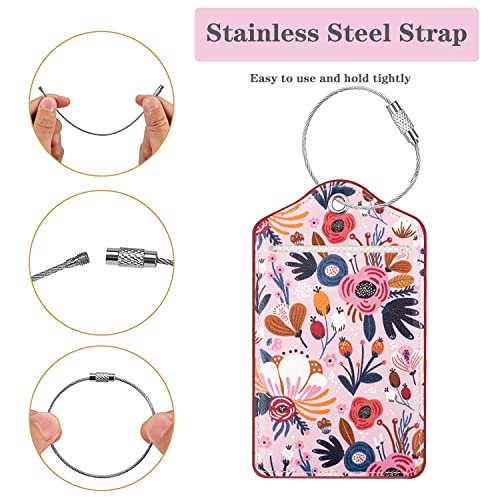 Coco Rossi (Set of 2) Luggage Tag Leather Privacy Cover ID Label Address Card with Stainless Steel Loop, Travel Bag Tags Suitcase Labels, Pink Flowers - Image 3