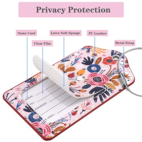 Coco Rossi (Set of 2) Luggage Tag Leather Privacy Cover ID Label Address Card with Stainless Steel Loop, Travel Bag Tags Suitcase Labels, Pink Flowers - Image 4