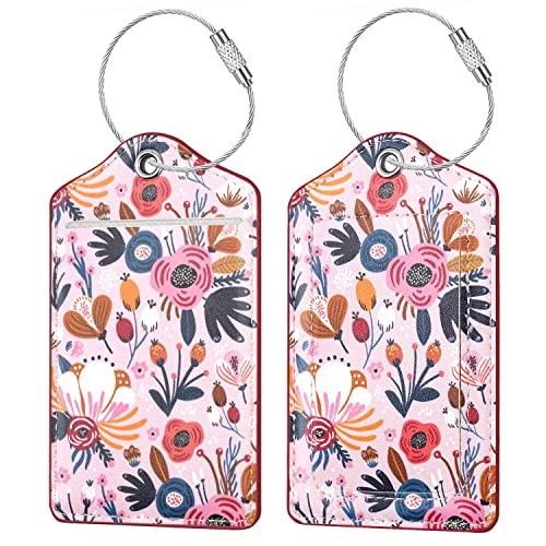 Coco Rossi (Set of 2) Luggage Tag Leather Privacy Cover ID Label Address Card with Stainless Steel Loop, Travel Bag Tags Suitcase Labels, Pink Flowers - Image 1