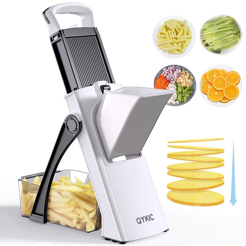 QYKIC Safe Mandoline Food Slicer for Kitchen, Multifunctional Vegetable Chopper, Mandoline Potato Slicer with 35+ Presets & Thickness Adjuster, French Fry Cutter, Veggie Dicer for Meal Prep White - Image 1