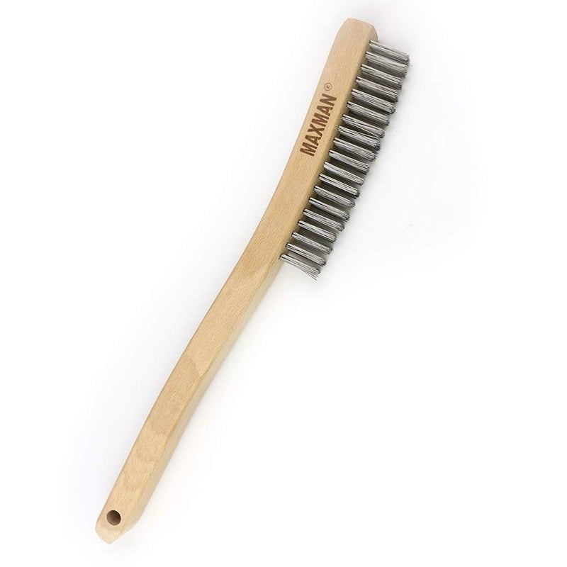 MAXMAN Wire Brush,Stainless Steel Wire Scratch Brush for Cleaning Rust with 14" Long Curved Beechwood Handle,Large - Image 1