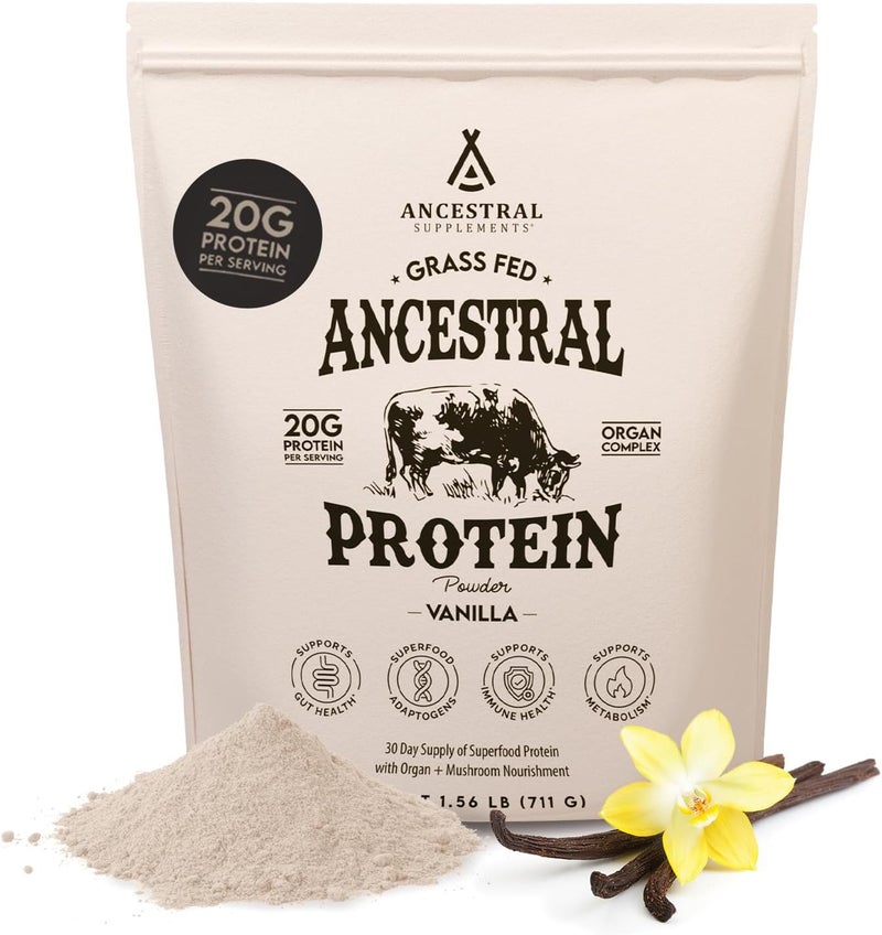 Ancestral Supplements مسحوق بروتين لحم البقر المعتمد على مرق العظام بنكهة الفانيليا مع أعضاء لحم البقر والفطر العضوي لدعم صحة الأمعاء مكمل عالي البروتين 20 جرام بروتين لكل حصة 30 يومًا من الإمدادات - Image 1