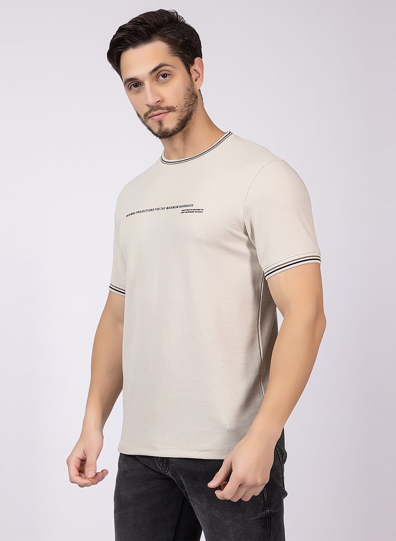 OCTAVE Octave Men's Ribbed Waffle Pattern T-shirt,Beige  - Image 3