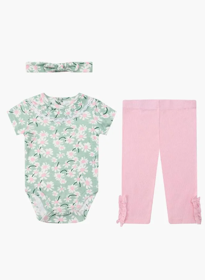 Luna & Lily 3-Piece Lace Trim Bodysuit, Ribbed Leggings and Headband Set