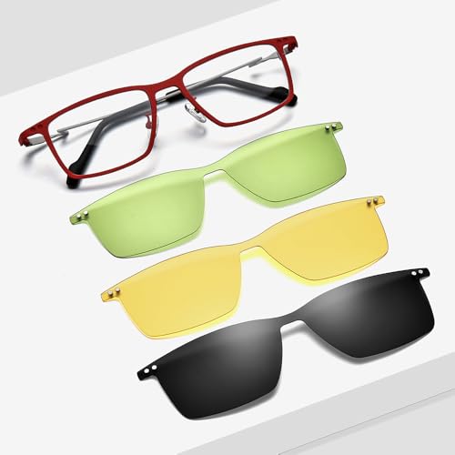 FONEX Pure Titanium Glasses Frame Men Square Magnet Clip On Eyeglasses with Polarized Lens (F85796 Red) - Image 2