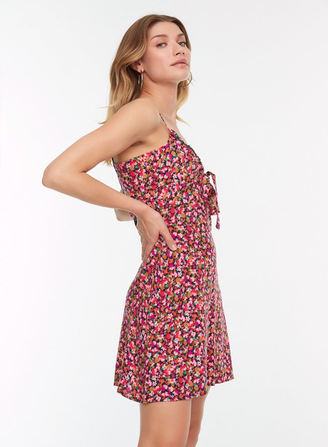 trendyol Multicolored ALine Mini Tie Detail Floral Patterned Woven Dress - Image 3