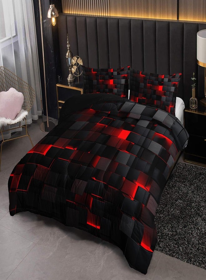 طقم لحاف نيون أحمر وأسود من نتوبشيب، طقم سرير أطفال مزدوج بتصميم هندسي، 3 قطع، طقم سرير بتصميم خلية النحل، طقم لحاف عصري، لحاف واحد، غطاءا وسادة، ديكور غرفة أنيق مناسب لجميع الفصول، لون أسود من الجانب الخلفي - Image 4