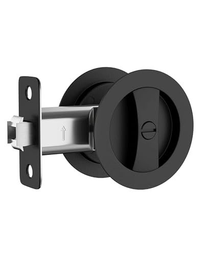 Lethato Pocket Door Hardware Black Pocket Door Lock Pocket Door Latch Matte Black Contemporary Sliding Pocket Door with Privacy Lock for Bathroom Bedroom 1 Pack Round - Image 1