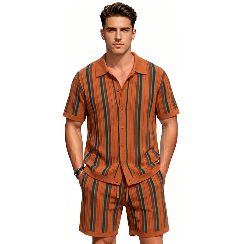 Men's Casual Short Sleeve Polo Tracksuit Set Striped 2-Piece - Image 1