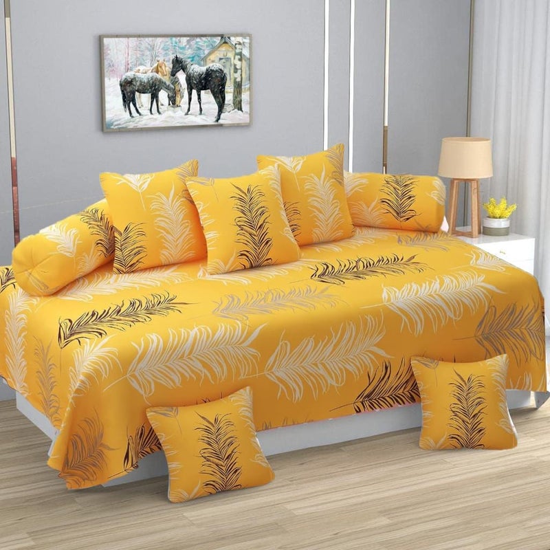 DWORTH DWORTH Premium Cotton 8 Pieces Diwan Cover Set with 1 Single Diwan Bedsheet 2 Bolster Covers and 5 Cushions Cover Yellow  - Image 1
