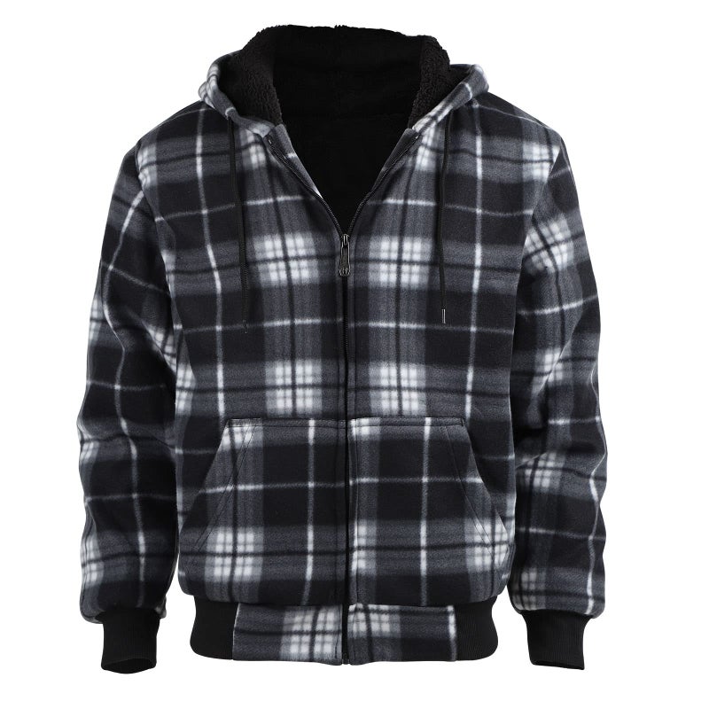 Facitisu Men Fleece Hoodie Plaid Flannel Jacket Heavy Warm Big and Tall Sherpa Lined Coat Zipper Thick Sweatshirts With Hood Black Medium - Image 2