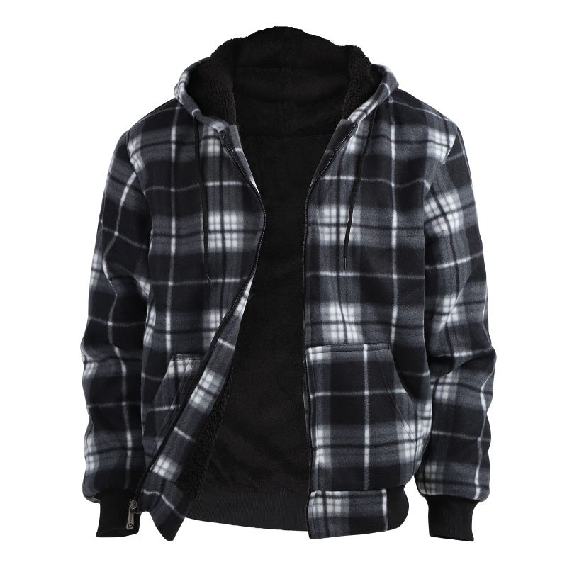 Facitisu Men Fleece Hoodie Plaid Flannel Jacket Heavy Warm Big and Tall Sherpa Lined Coat Zipper Thick Sweatshirts With Hood Black Medium - Image 1