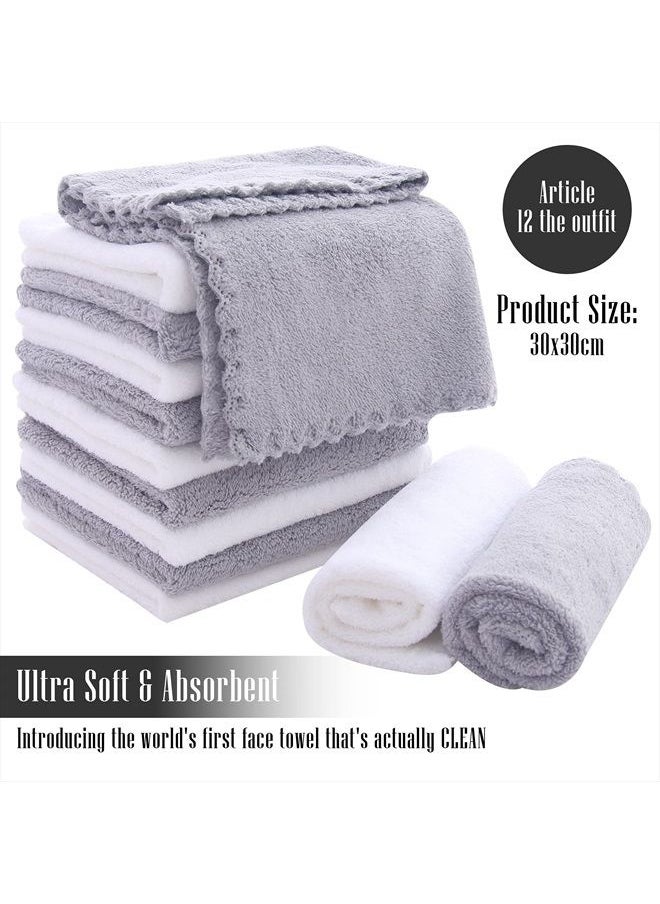 TENSTARS - 12 Pack Premium Washcloths Set - Quick Drying- Soft Microfiber Coral Velvet Highly Absorbent Wash Clothes - Multipurpose Use as Bath, Spa, Facial, Fingertip Towel (Grey and White) - Image 1