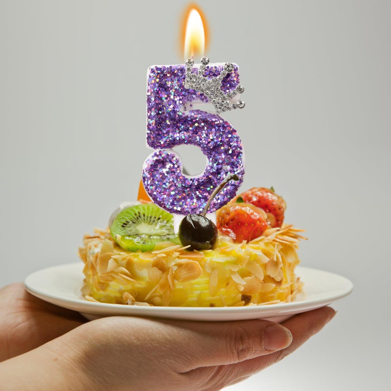 AKURIEEY Birthday Number Candles,Purple Crown Birthday Candles for Cake,Glitter Number 5 Candle Cake Topper with Sequins for Anniversary Celebrations Supplies (Number 5) - Image 3
