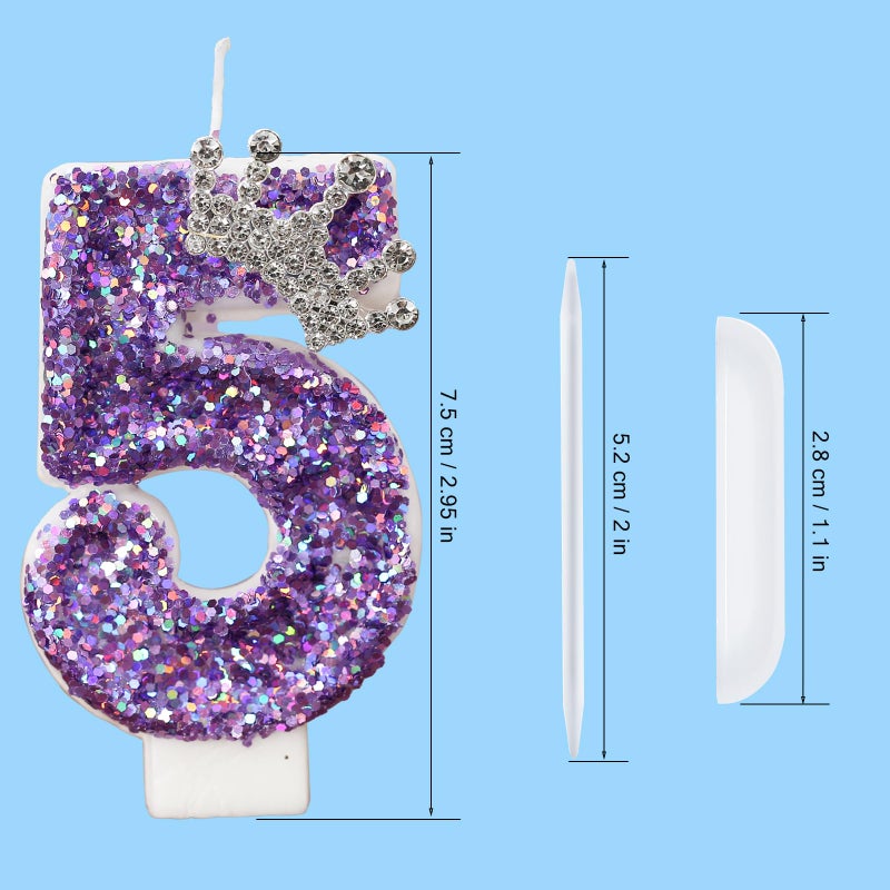 AKURIEEY Birthday Number Candles,Purple Crown Birthday Candles for Cake,Glitter Number 5 Candle Cake Topper with Sequins for Anniversary Celebrations Supplies (Number 5) - Image 4