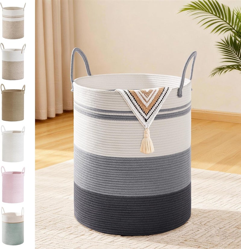 SunNewt Tall Laundry Basket with Handles, 53L Portable Dirty Clothes Hamper, Boho Cotton Rope Storage Bin for Blankets Kids Toys Gifts, Decorative Organizer for Nursery Bedroom Bathroom, Grey Striped - Image 1