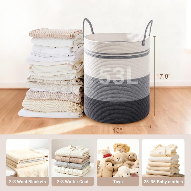 SunNewt Tall Laundry Basket with Handles, 53L Portable Dirty Clothes Hamper, Boho Cotton Rope Storage Bin for Blankets Kids Toys Gifts, Decorative Organizer for Nursery Bedroom Bathroom, Grey Striped - Image 2