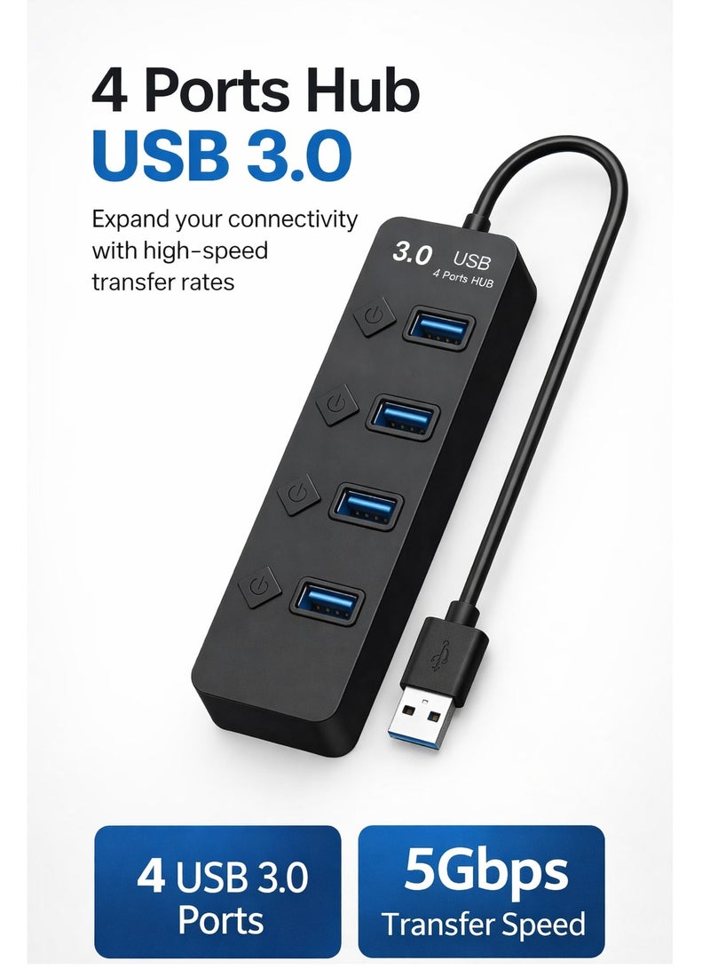 بورتز موزع USB 3.0 متعدد المنافذ بأربعة منافذ بسرعة 5 جيجابت في الثانية لجهاز الكمبيوتر المحمول والاستخدام اليومي والعمل المكتبي والتوصيل السريع - Image 1