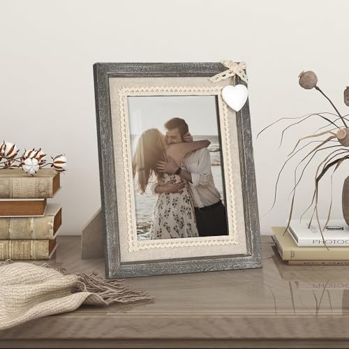 Afuly 5x7 Picture Frame with White Heart Wood Rustic Distressed Frames Farmhouse Photo Frames for Home Decor Wall Hang Desktop Wedding Anniversary Birthday Gifts for Grandma Mom Couple - Image 2