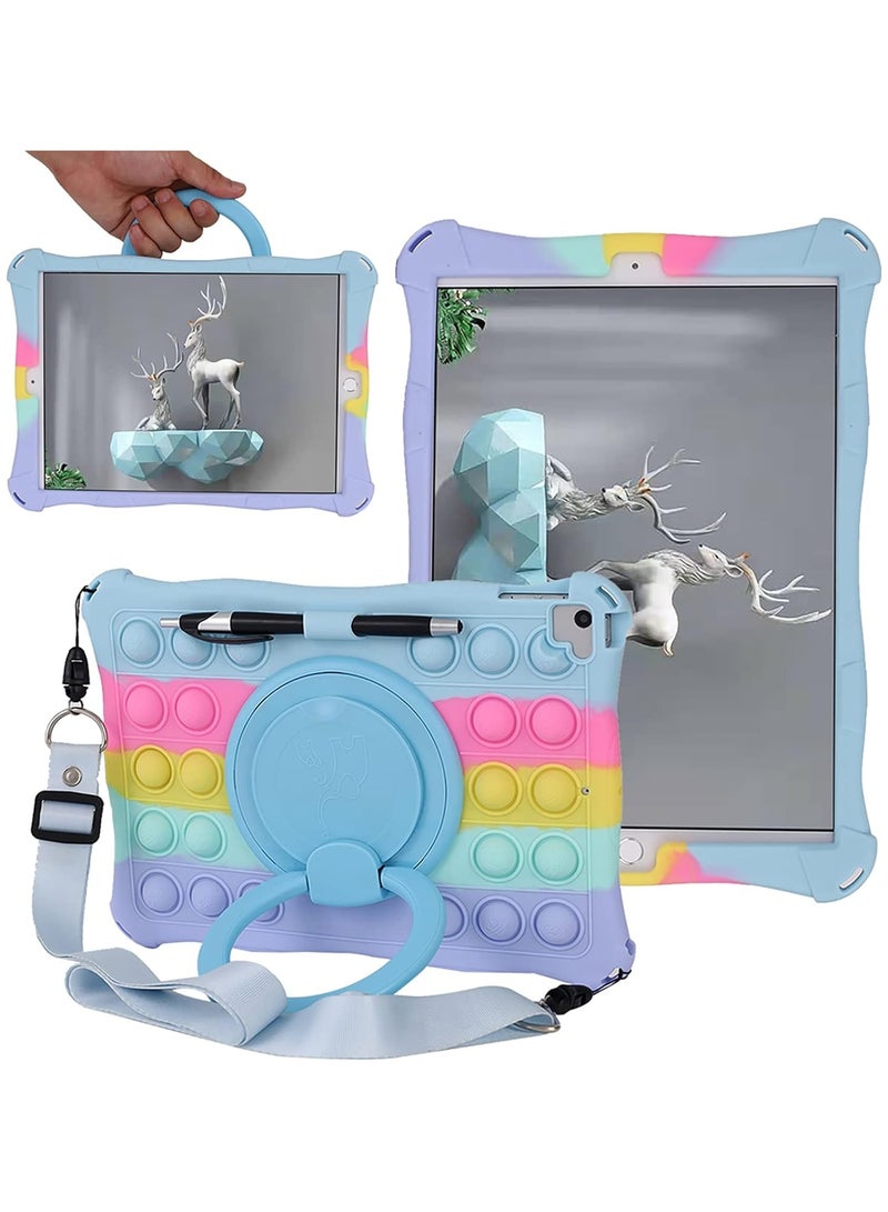 VKL Case for iPad 10.2 Inch, iPad 9th/8th/7th Generation Case 2021/2020/2019 Rotating Handle Stand Shockproof Cover with Shoulder Strap Pencil Holder Stylus, Rainbow Light Blue