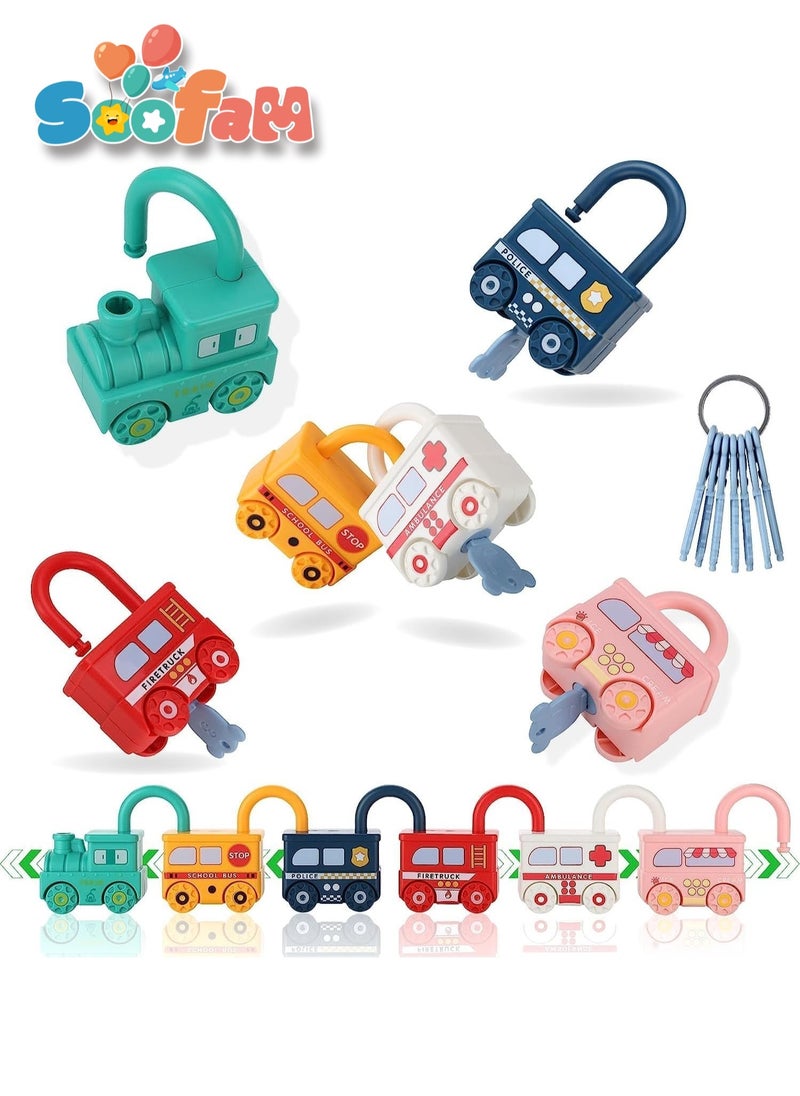 Soofam 6 Pcs Montessori Educational Learning Games Toy, Toddlers Activities Busy Boards Cars,  Toddler Lock and Key Toy Fine Motor Skills Toys for Baby 3 Months, Gifts for Kids Boys Girls  - Image 1