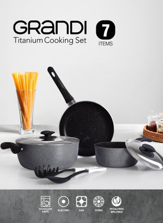 7 Piece Non-Stick Cookware Set Aluminum Pots And Pans Non-Stick Surface Bakelite Handle Stainless Steel Lids PFOA Free grey and black Granite 24+24+18 cm