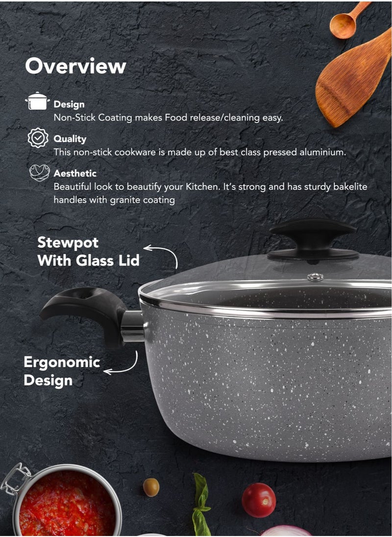 Grandi - 7 Piece Non-Stick Cookware Set Aluminum Pots And Pans Non-Stick Surface Bakelite Handle Pyrex Lid PFOA Free Grey Granite 24+24+18 cm - Image 1