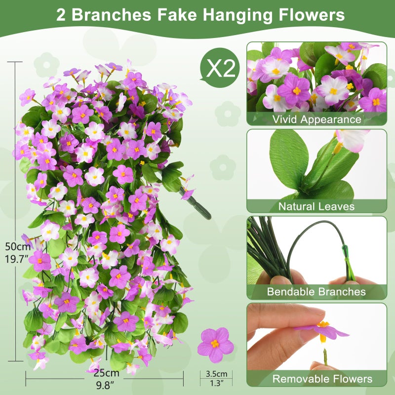 ZFProcess Artificial Fake Hanging Flowers for Outdoors, 2 Pcs Artificial Hanging Plants Outdoors Spring Summer Decor, UV Resistant Faux Violet Silk Flowers for Planters Front Door Yard Garden(Purple) - Image 4